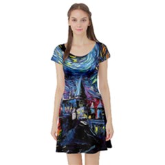 Castle Hogwarts Starry Night Print Van Gogh Parody Short Sleeve Skater Dress by Modalart