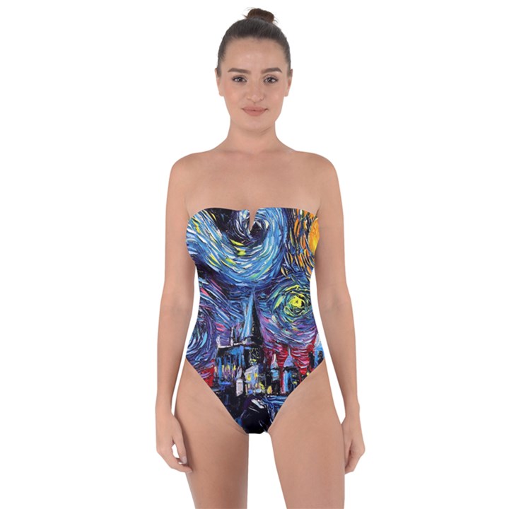 Castle Hogwarts Starry Night Print Van Gogh Parody Tie Back One Piece Swimsuit