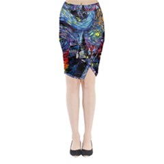 Castle Hogwarts Starry Night Print Van Gogh Parody Midi Wrap Pencil Skirt by Modalart