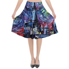 Castle Hogwarts Starry Night Print Van Gogh Parody Flared Midi Skirt by Modalart