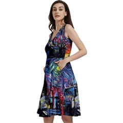 Castle Hogwarts Starry Night Print Van Gogh Parody Sleeveless V-neck Skater Dress With Pockets by Modalart