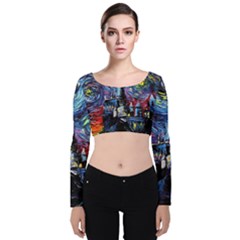 Castle Hogwarts Starry Night Print Van Gogh Parody Velvet Long Sleeve Crop Top by Modalart