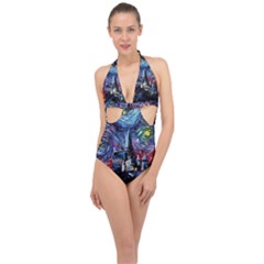 Castle Hogwarts Starry Night Print Van Gogh Parody Halter Front Plunge Swimsuit by Modalart