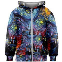 Castle Hogwarts Starry Night Print Van Gogh Parody Kids  Zipper Hoodie Without Drawstring by Modalart