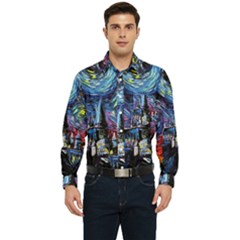 Castle Hogwarts Starry Night Print Van Gogh Parody Men s Long Sleeve Pocket Shirt  by Modalart