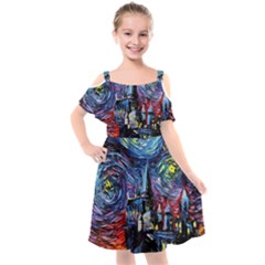 Castle Hogwarts Starry Night Print Van Gogh Parody Kids  Cut Out Shoulders Chiffon Dress by Modalart