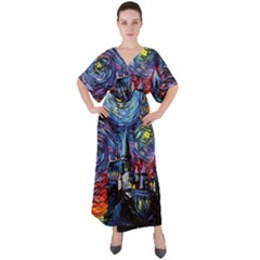 Castle Hogwarts Starry Night Print Van Gogh Parody V-neck Boho Style Maxi Dress