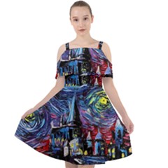 Castle Hogwarts Starry Night Print Van Gogh Parody Cut Out Shoulders Chiffon Dress by Modalart