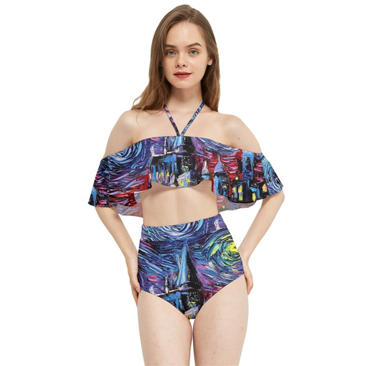 Castle Hogwarts Starry Night Print Van Gogh Parody Halter Flowy Bikini Set 