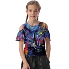 Castle Hogwarts Starry Night Print Van Gogh Parody Kids  Butterfly Cutout T-shirt by Modalart