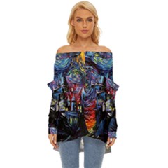 Castle Hogwarts Starry Night Print Van Gogh Parody Off Shoulder Chiffon Pocket Shirt by Modalart