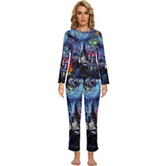 Castle Hogwarts Starry Night Print Van Gogh Parody Womens  Long Sleeve Lightweight Pajamas Set