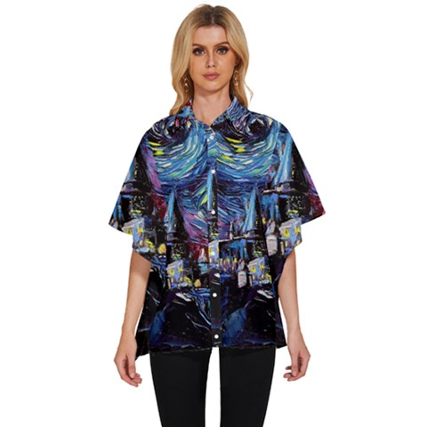 Castle Hogwarts Starry Night Print Van Gogh Parody Women s Batwing Button Up Shirt by Modalart