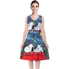 Dog House Vincent Van Gogh s Starry Night Parody V-neck Midi Sleeveless Dress  by Modalart