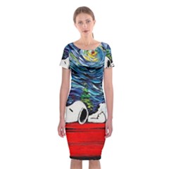 Dog House Vincent Van Gogh s Starry Night Parody Classic Short Sleeve Midi Dress by Modalart