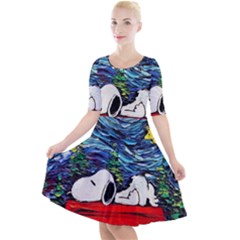 Dog House Vincent Van Gogh s Starry Night Parody Quarter Sleeve A-line Dress by Modalart