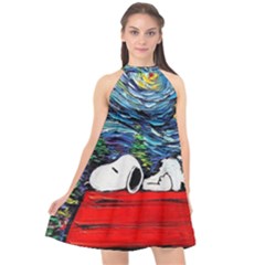 Dog House Vincent Van Gogh s Starry Night Parody Halter Neckline Chiffon Dress  by Modalart