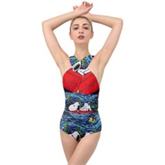 Dog House Vincent Van Gogh s Starry Night Parody Cross Front Low Back Swimsuit by Modalart