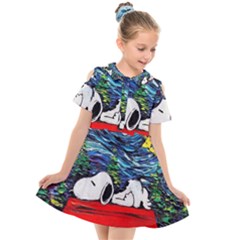 Dog House Vincent Van Gogh s Starry Night Parody Kids  Short Sleeve Shirt Dress by Modalart