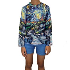 The Great Wall Nature Painting Starry Night Van Gogh Kids  Long Sleeve Swimwear by Modalart