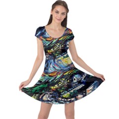 The Great Wall Nature Painting Starry Night Van Gogh Cap Sleeve Dress by Modalart