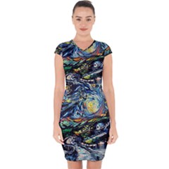 The Great Wall Nature Painting Starry Night Van Gogh Capsleeve Drawstring Dress  by Modalart