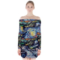 The Great Wall Nature Painting Starry Night Van Gogh Long Sleeve Off Shoulder Dress by Modalart