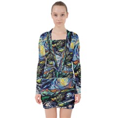 The Great Wall Nature Painting Starry Night Van Gogh V-neck Bodycon Long Sleeve Dress by Modalart