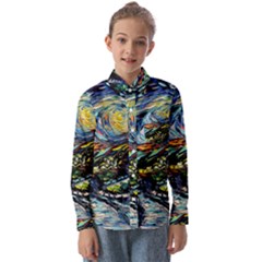 The Great Wall Nature Painting Starry Night Van Gogh Kids  Long Sleeve Shirt by Modalart