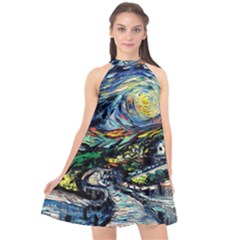 The Great Wall Nature Painting Starry Night Van Gogh Halter Neckline Chiffon Dress  by Modalart