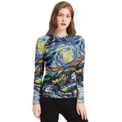 The Great Wall Nature Painting Starry Night Van Gogh Women s Long Sleeve Rash Guard by Modalart