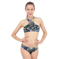 The Great Wall Nature Painting Starry Night Van Gogh High Neck Bikini Set by Modalart