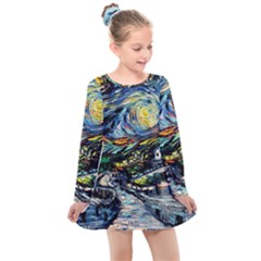 The Great Wall Nature Painting Starry Night Van Gogh Kids  Long Sleeve Dress by Modalart