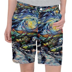 The Great Wall Nature Painting Starry Night Van Gogh Women s Pocket Shorts by Modalart