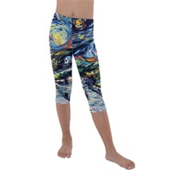 The Great Wall Nature Painting Starry Night Van Gogh Kids  Lightweight Velour Capri Leggings  by Modalart