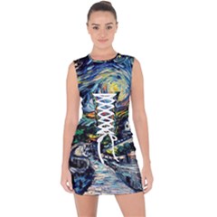 The Great Wall Nature Painting Starry Night Van Gogh Lace Up Front Bodycon Dress by Modalart