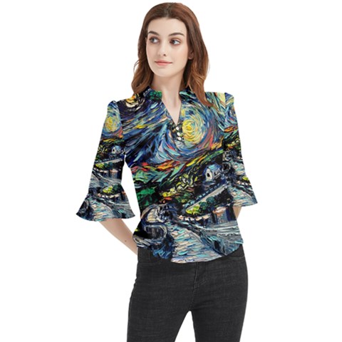 The Great Wall Nature Painting Starry Night Van Gogh Loose Horn Sleeve Chiffon Blouse by Modalart