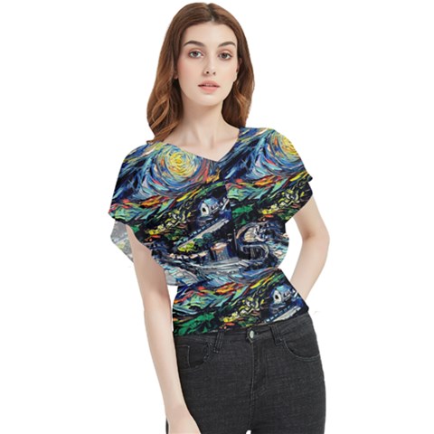 The Great Wall Nature Painting Starry Night Van Gogh Butterfly Chiffon Blouse by Modalart