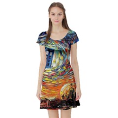 Tardis Starry Night Doctor Who Van Gogh Parody Short Sleeve Skater Dress by Modalart