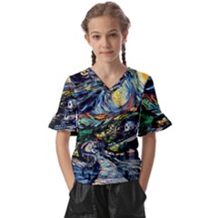 The Great Wall Nature Painting Starry Night Van Gogh Kids  V-neck Horn Sleeve Blouse by Modalart