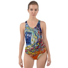 Tardis Starry Night Doctor Who Van Gogh Parody Cut-out Back One Piece Swimsuit by Modalart