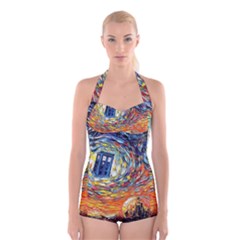 Tardis Starry Night Doctor Who Van Gogh Parody Boyleg Halter Swimsuit  by Modalart