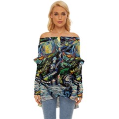 The Great Wall Nature Painting Starry Night Van Gogh Off Shoulder Chiffon Pocket Shirt by Modalart