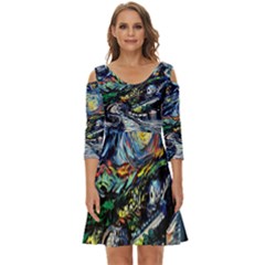 The Great Wall Nature Painting Starry Night Van Gogh Shoulder Cut Out Zip Up Dress by Modalart