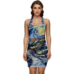 The Great Wall Nature Painting Starry Night Van Gogh Sleeveless Wide Square Neckline Ruched Bodycon Dress by Modalart