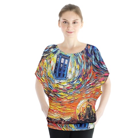 Tardis Starry Night Doctor Who Van Gogh Parody Batwing Chiffon Blouse by Modalart