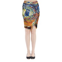 Tardis Starry Night Doctor Who Van Gogh Parody Midi Wrap Pencil Skirt by Modalart