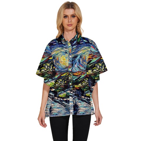 The Great Wall Nature Painting Starry Night Van Gogh Women s Batwing Button Up Shirt by Modalart