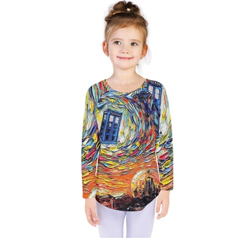 Tardis Starry Night Doctor Who Van Gogh Parody Kids  Long Sleeve T-shirt by Modalart