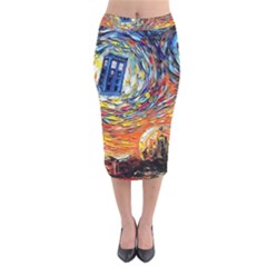 Tardis Starry Night Doctor Who Van Gogh Parody Velvet Midi Pencil Skirt by Modalart